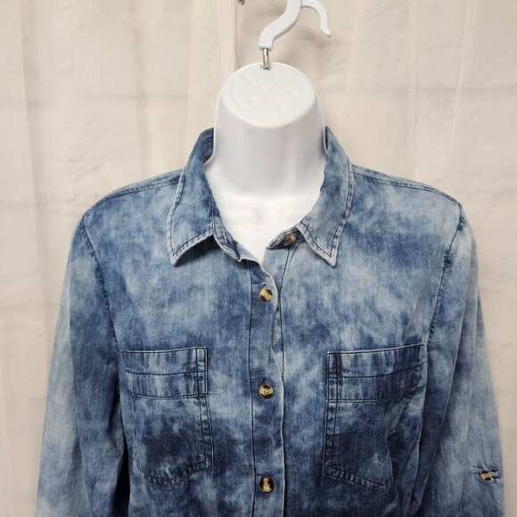 Dizzy Lizzy Blue Chambray Tie Dye Button Down Tunic Blouse Belted Grunge M - Picture 2 of 12